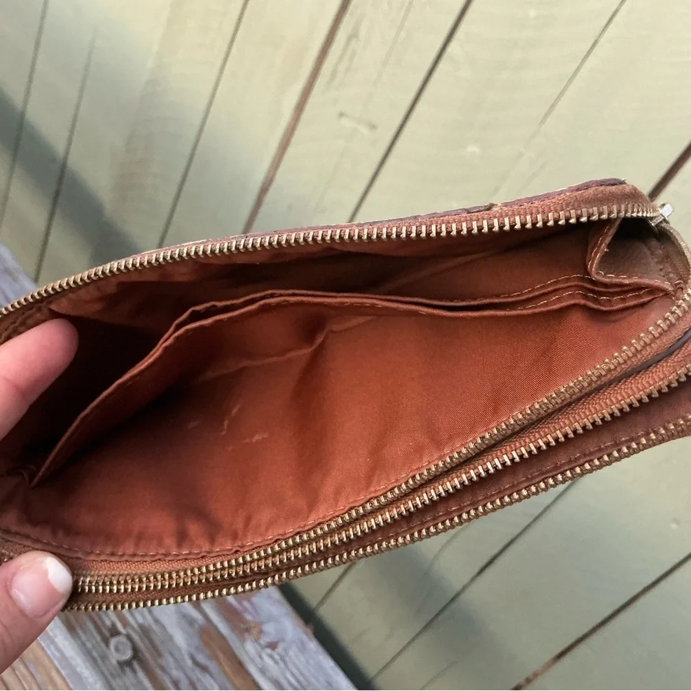 Coach Brown Signature Coated Canvas Double Corner Zip Wallet Wristlet/Purse